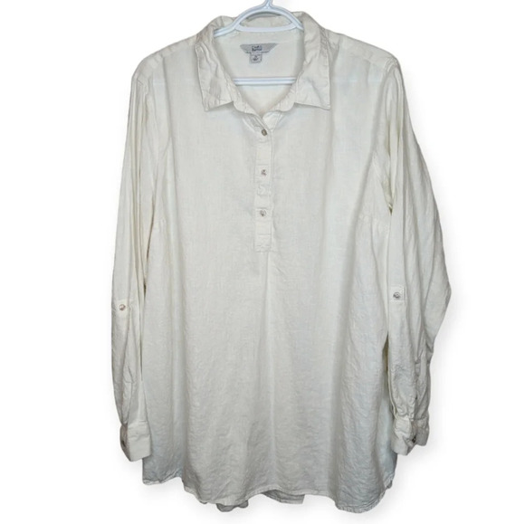 Croft &  Barrow White Linen Blend 1/4 Button Down Collared Top Women 2X Plus - Picture 1 of 8